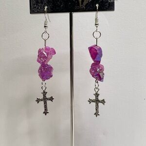Handmade Pink Stone Cross Drop Earrings Jewelry NEW Silver Tone